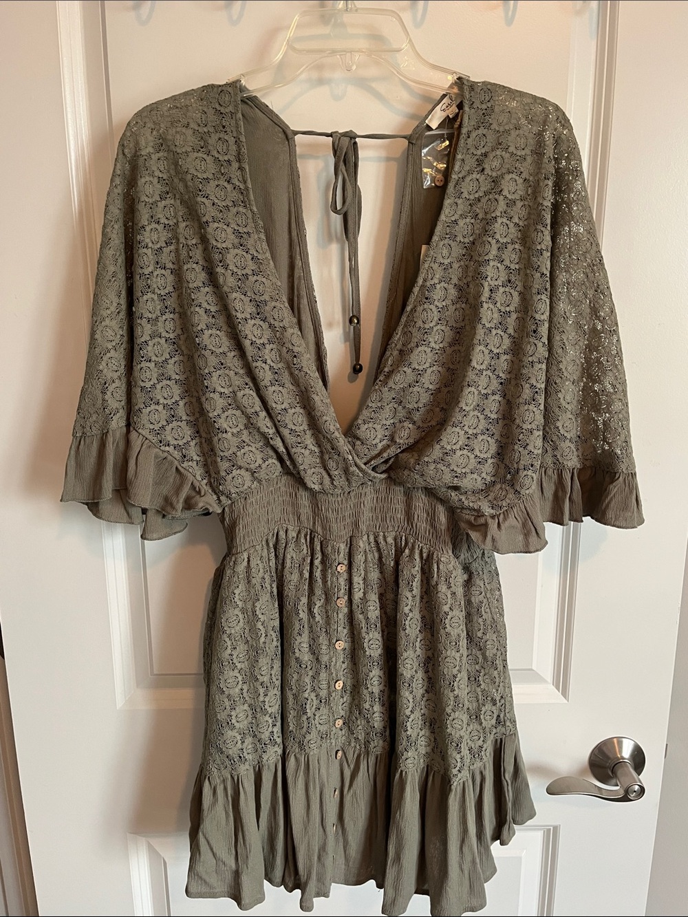 Easel LA Women’s Olive Lace V-Neck Romper Dress with Ruffle Hem